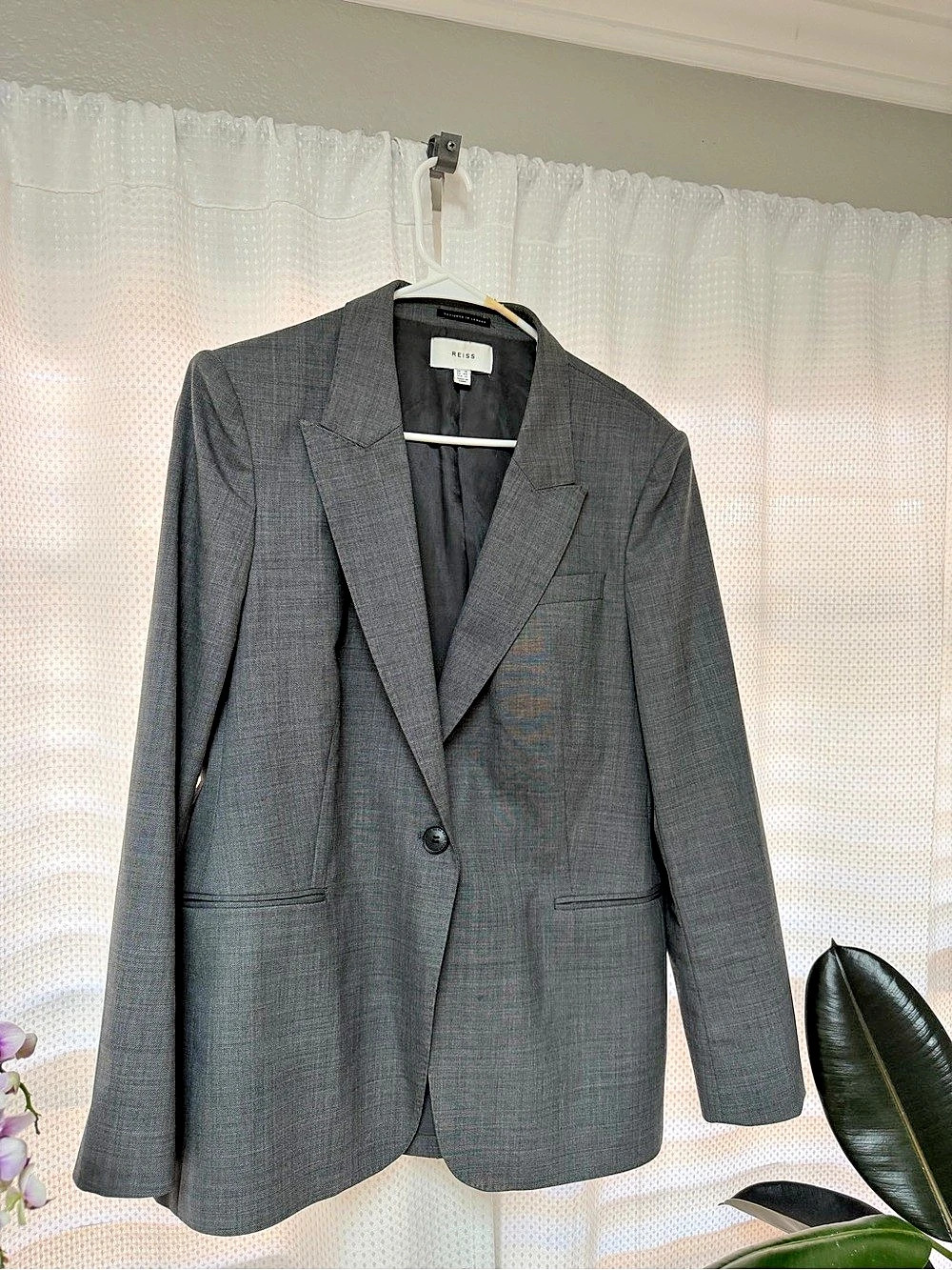 Reiss Wool Blend Blazer, Heather Gray, One-Button, Peak Lapel, Size 12 (UK 16)